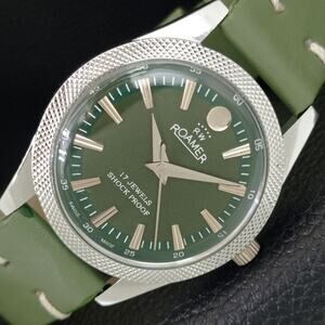 Vintage 1980 Roamer Manual Mens Silver Watch W/Leather Strap & Green accents